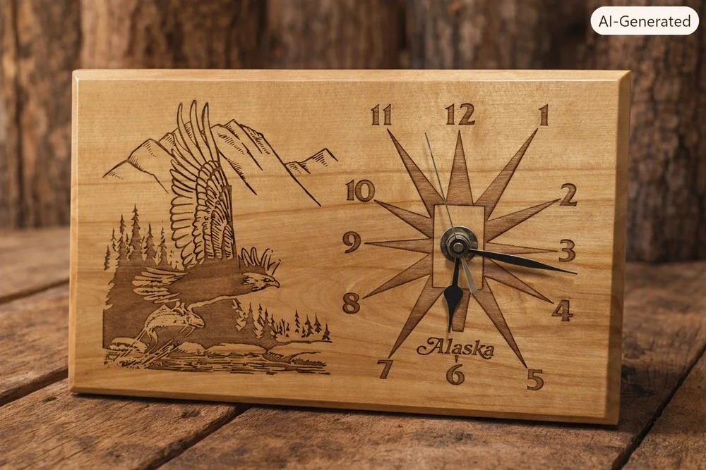 Vintage Alaska Eagle Clock by Lasertech Alaska On Solid Birch 9